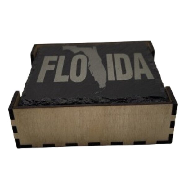 Other - 4" Inch Black Coasters Stone Coaster Set, Laser Engraved "Florida"